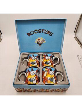 Vintage Paul Cardew Roosters Mug Set (4) in Original Box